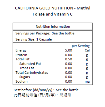 CALIFORNIA GOLD NUTRITION 甲基葉酸和維他命 C 120 粒素食膠囊-產品圖片 2