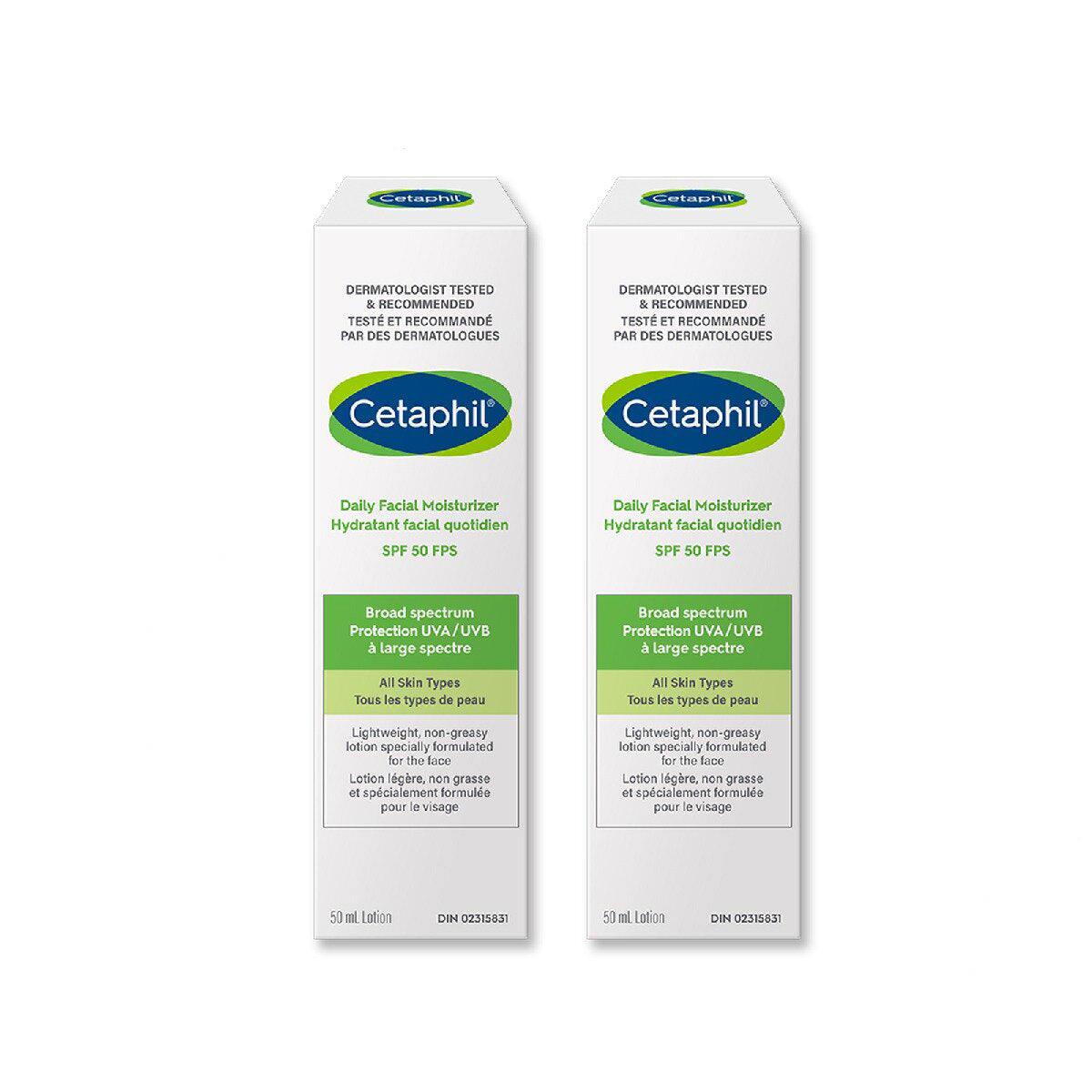 Cetaphil 2枝 保濕面部防曬 UVA/UVB SPF 50 FPS 50毫升 此日期前最佳:2025年03月31日
