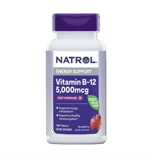 NATROL Vitamin B-12 5,000mcg Fast Dissolve Tablets 100 Count Strawberry Flavor