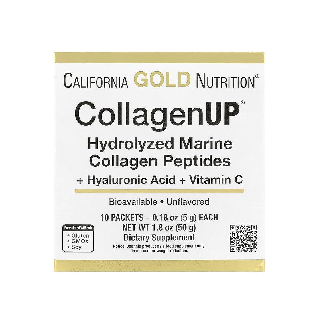 CALIFORNIA GOLD NUTRITION CollagenUP® 水解海洋膠原蛋白勝肽 透明質酸+維他命 C 原味 10包 每包 0.18 盎司 ( 5 克) [平行進口]