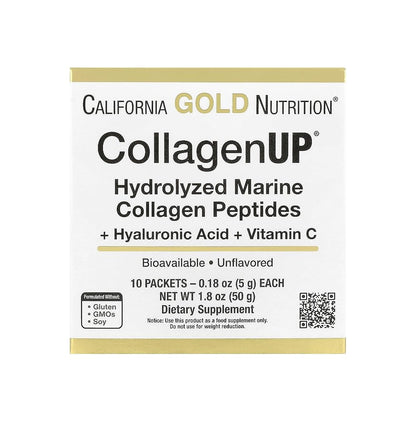 CALIFORNIA GOLD NUTRITION CollagenUP® 水解海洋膠原蛋白勝肽 透明質酸+維他命 C 原味 10包 每包 0.18 盎司 ( 5 克) [平行進口]