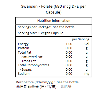 SWANSON 葉酸（每粒膠囊含 680 微克 DFE）30 粒素食膠囊 [平行進口]