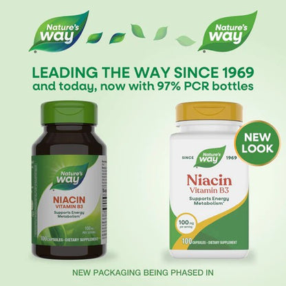 Nature's Way 煙酸 維生素 B3 100 粒（100 毫克每粒膠囊）#40470 (包裝隨機提供) [原裝平行進口]