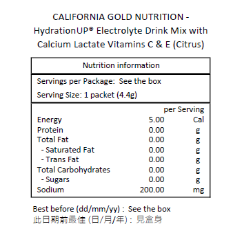 CALIFORNIA GOLD NUTRITION HydrationUP® 電解質飲料混合物 乳酸鈣、維他命 C 和 E 20 包 每包 0.14 盎司-0.17 盎司 ( 4 克 - 4.8 克) [平行進口]