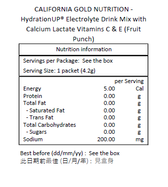 CALIFORNIA GOLD NUTRITION HydrationUP® 電解質飲料混合物 乳酸鈣、維他命 C 和 E 20 包 每包 0.14 盎司-0.17 盎司 ( 4 克 - 4.8 克) [平行進口]