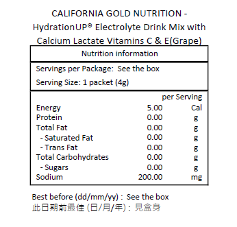 CALIFORNIA GOLD NUTRITION HydrationUP® 電解質飲料混合物 乳酸鈣、維他命 C 和 E 20 包 每包 0.14 盎司-0.17 盎司 ( 4 克 - 4.8 克)－產品圖片 2