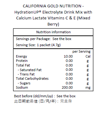 CALIFORNIA GOLD NUTRITION HydrationUP® 電解質飲料混合物 乳酸鈣、維他命 C 和 E 20 包 每包 0.14 盎司-0.17 盎司 ( 4 克 - 4.8 克) [平行進口]