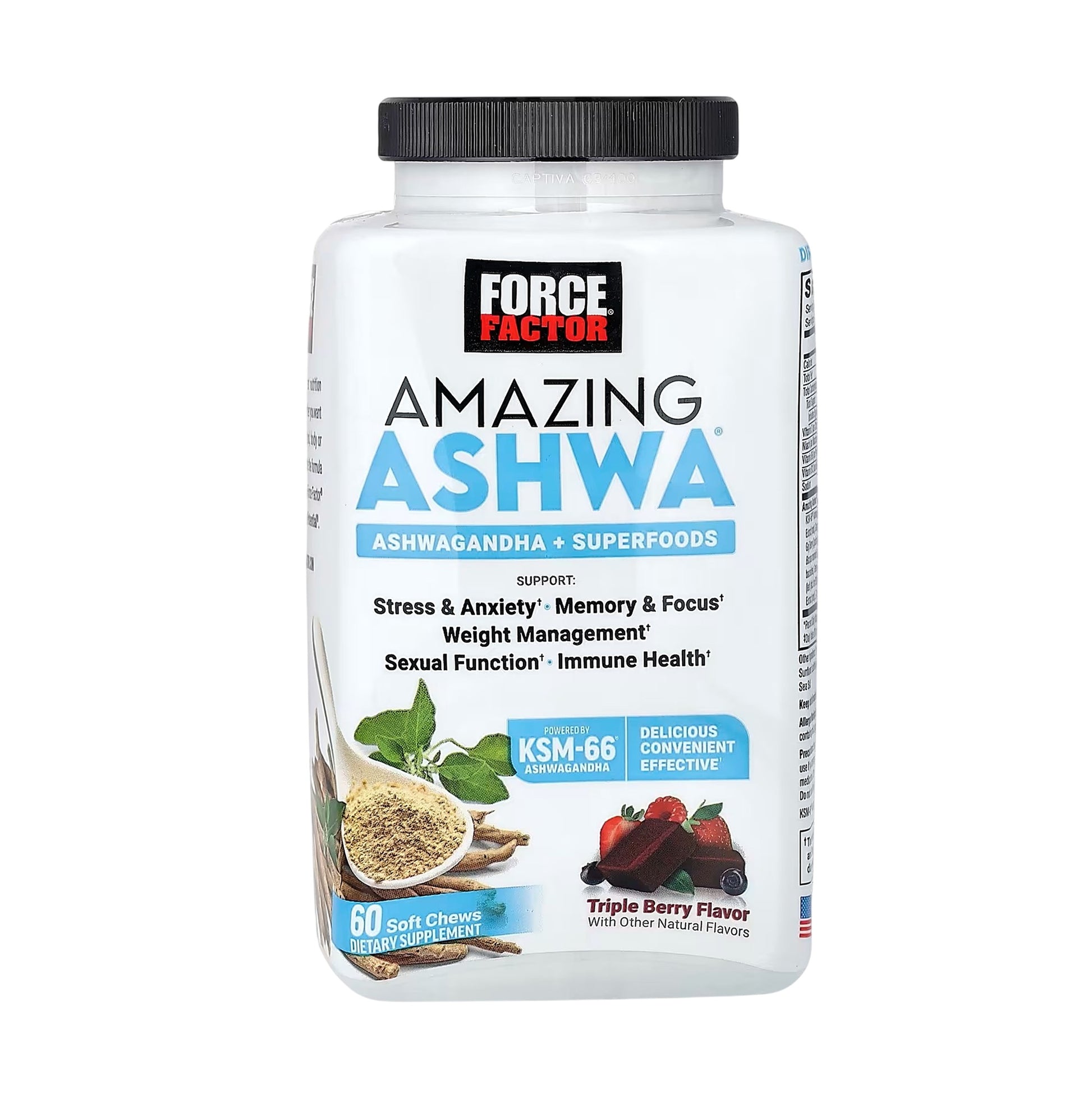 Force Factor Amazing Ashwa Ashwagandha + Superfoods 60 Soft Chews Triple Berry Flavor