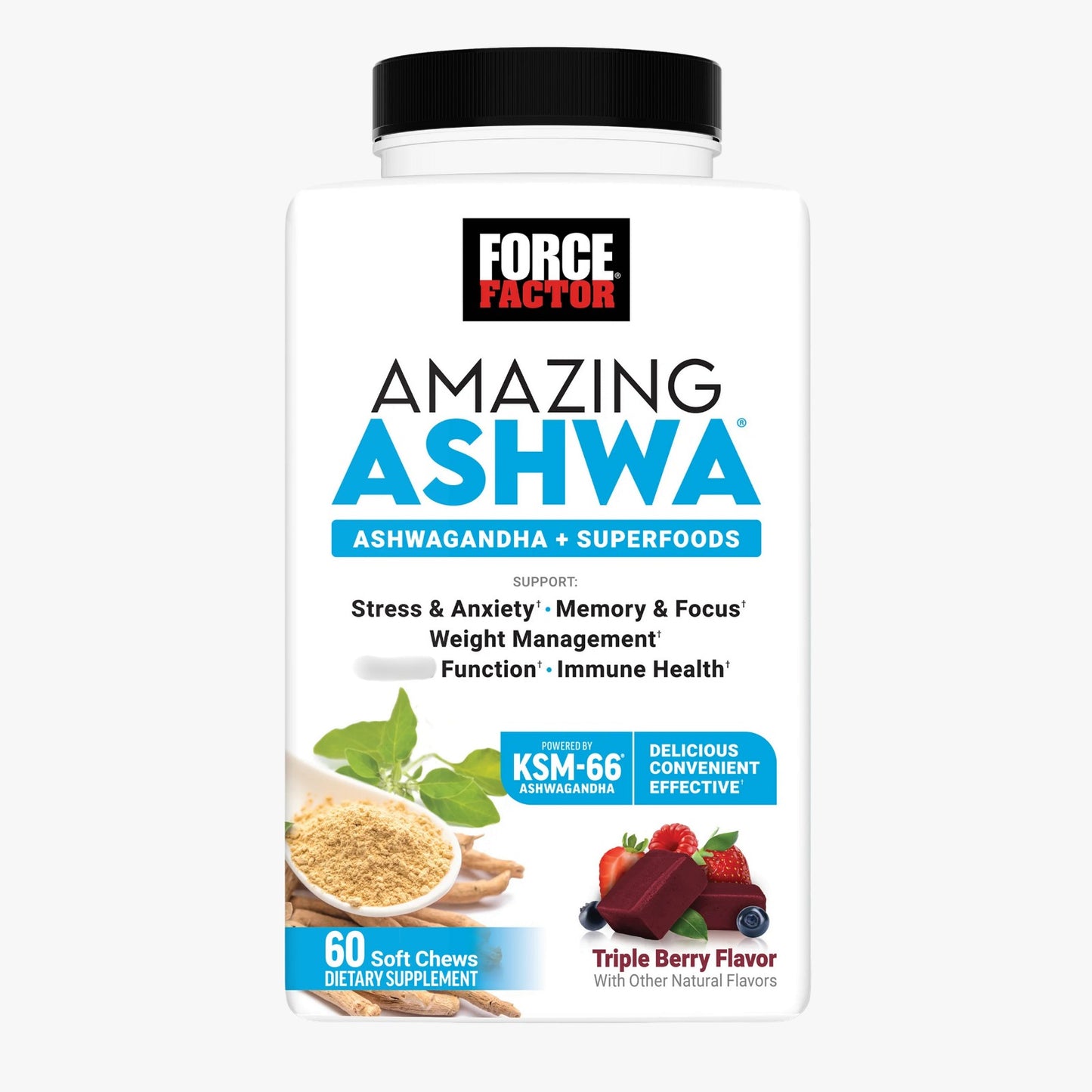 Force Factor Amazing Ashwa Ashwagandha + Superfoods Triple Berry Flavour 60 Soft Chews