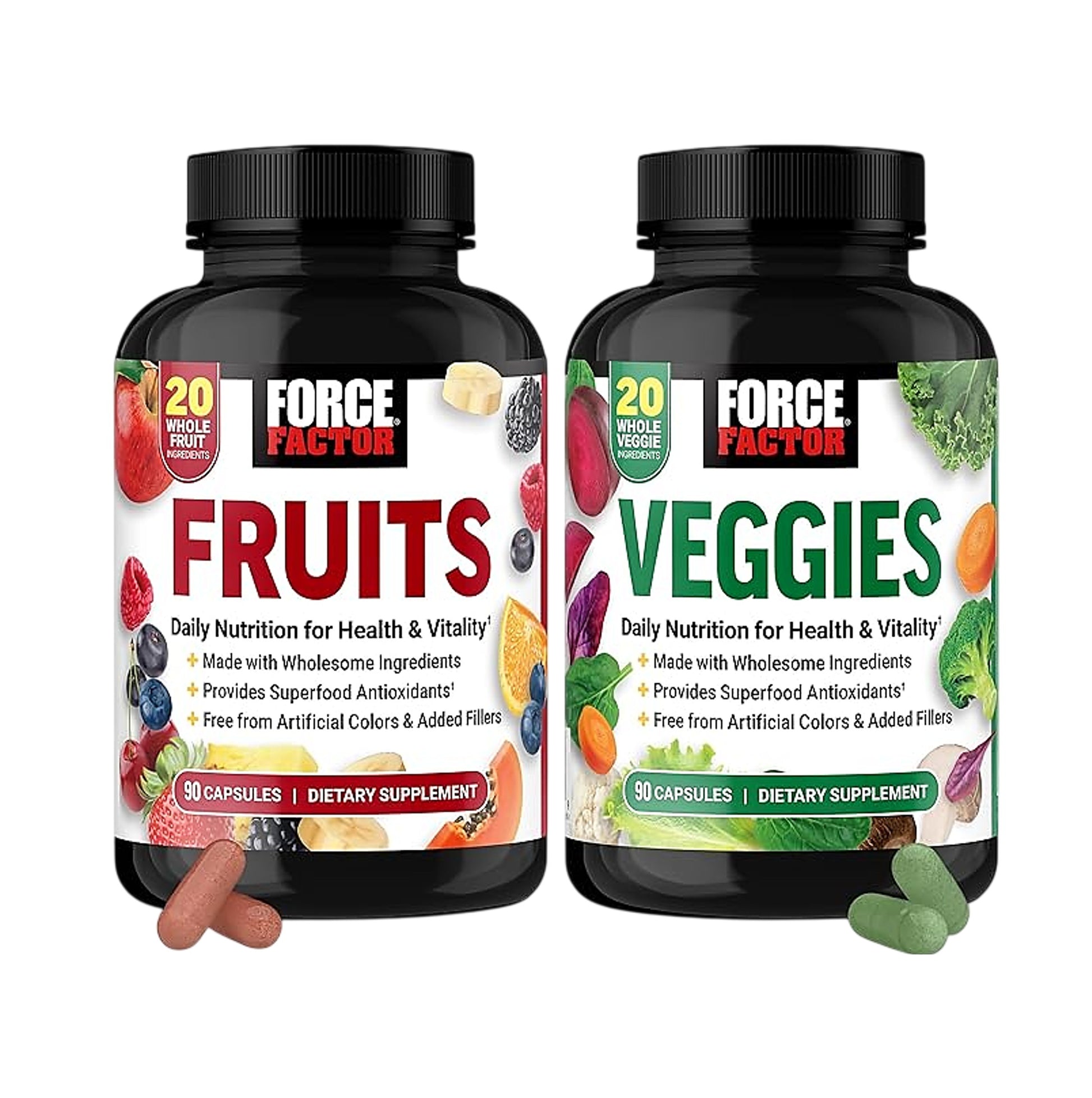 Force Factor Fruits & Veggies Dietary Supplement Set 2 Bottles 90 Vegetable Capsules Each