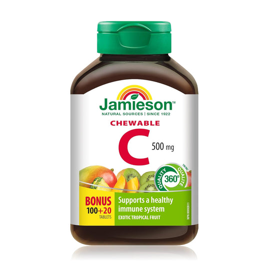 Jamieson 維他命 C 咀嚼片 (500 毫克) 熱帶水果味 120 粒 (包裝隨機提供)