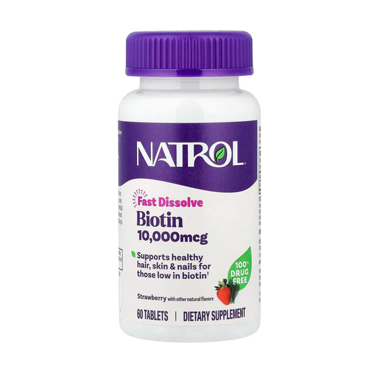 NATROL Biotin 10,000 mcg Fast Dissolve 60 Tablets Strawberry Flavor (RANDOM Packing)